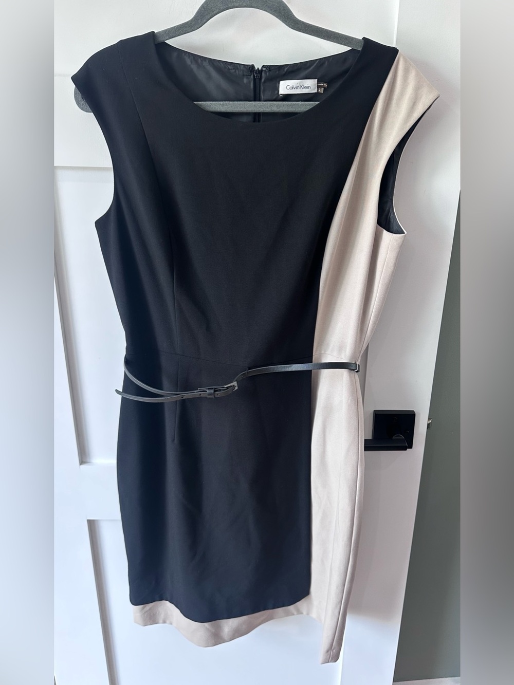 Calvin Klein Sleeveless Faux Wrap Color Block Tan-Black Dress Belted  Sz 12
